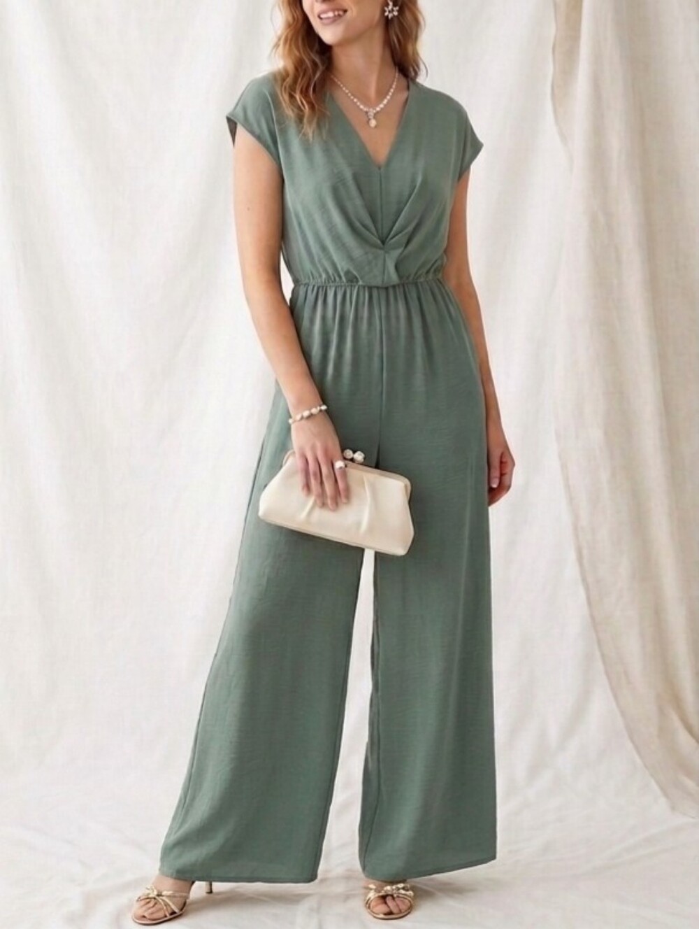 Sz S She+Sky Sage Green Sleeveless V-Neck Wide Leg Jumpsuit
